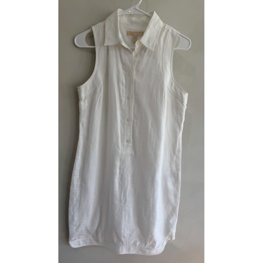 MICHAEL KORS Dress 100% Linen XS Extra Small White Shift Sundress Button Up